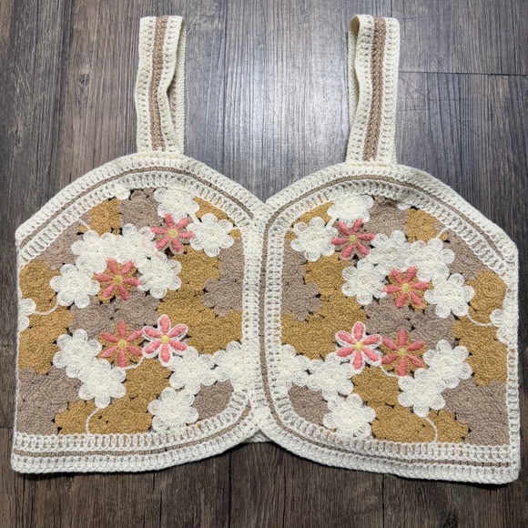 Handmade Knit Crochet Stitch Floral Granny Square Cami Crop Tank Top Boho Pool M - Picture 5 of 10